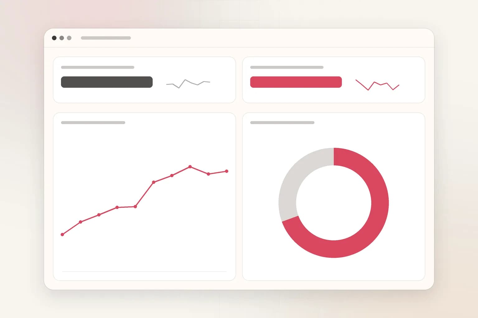 An analytics dashboard with KPI tiles and charts, one value highlighted in coral.