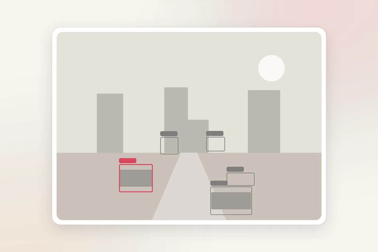 A street video frame with grey detection boxes, one object boxed in coral, and a confidence list beside it.
