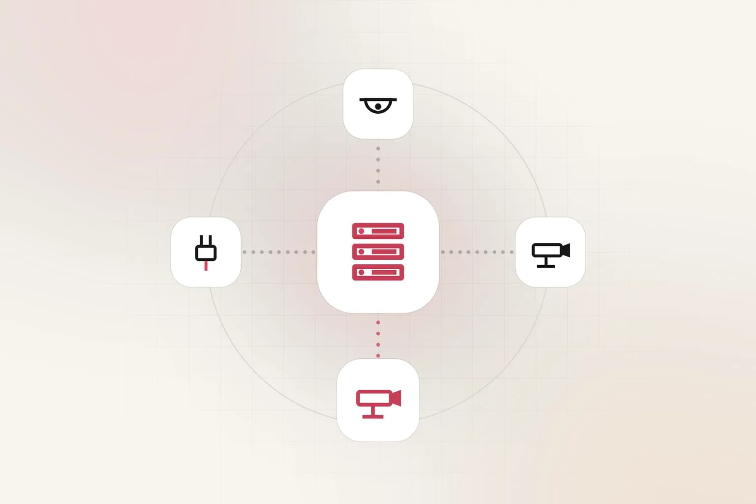 A hub diagram: a recorder connected to several cameras and a plug.