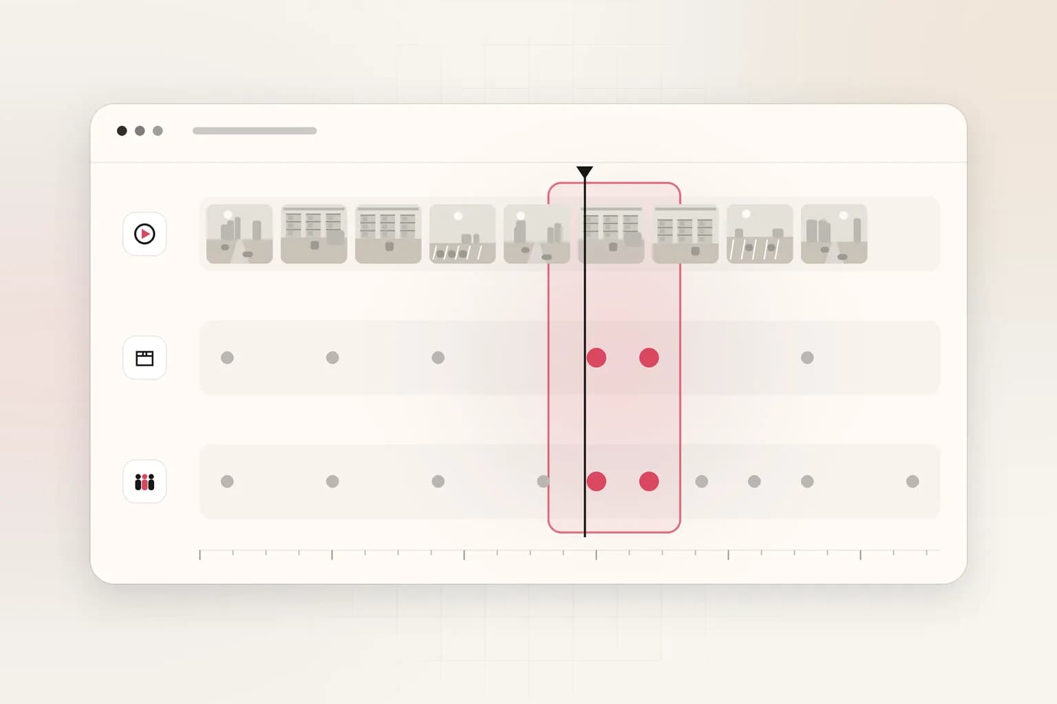 Stacked timeline tracks for video, object and people, with the matching time span highlighted in coral and a playhead.