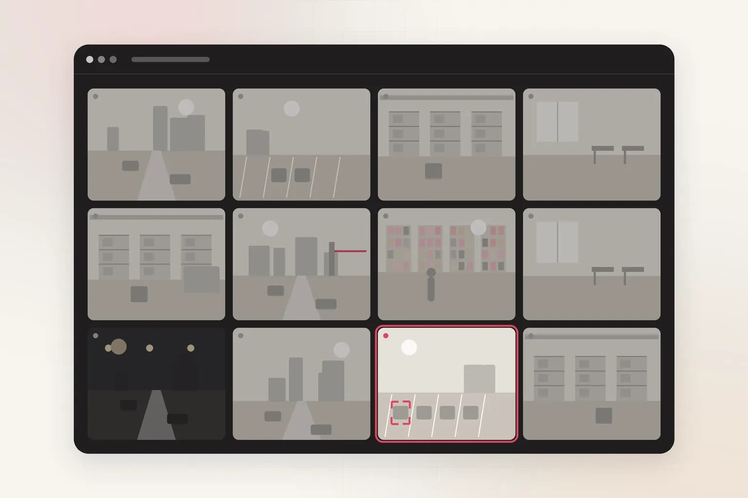 A dark video management wall of 12 camera feeds, with coral brackets on a matched object in one camera.