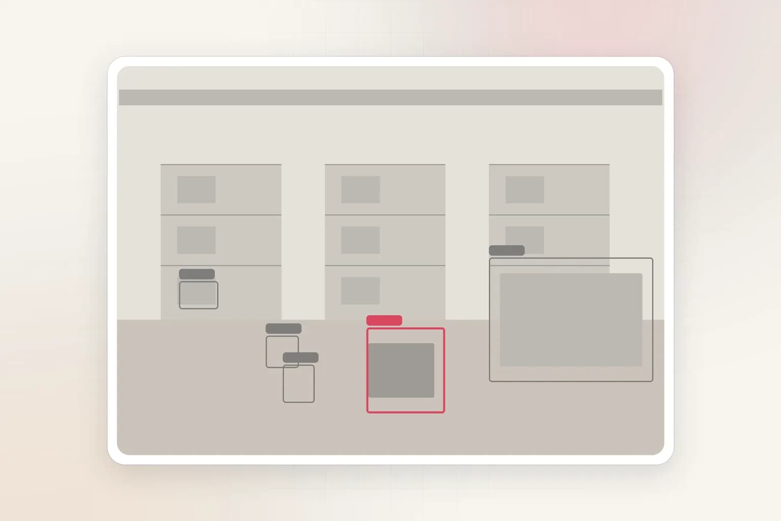 A dock video frame with grey detection boxes, one object boxed in coral, and a confidence list beside it.