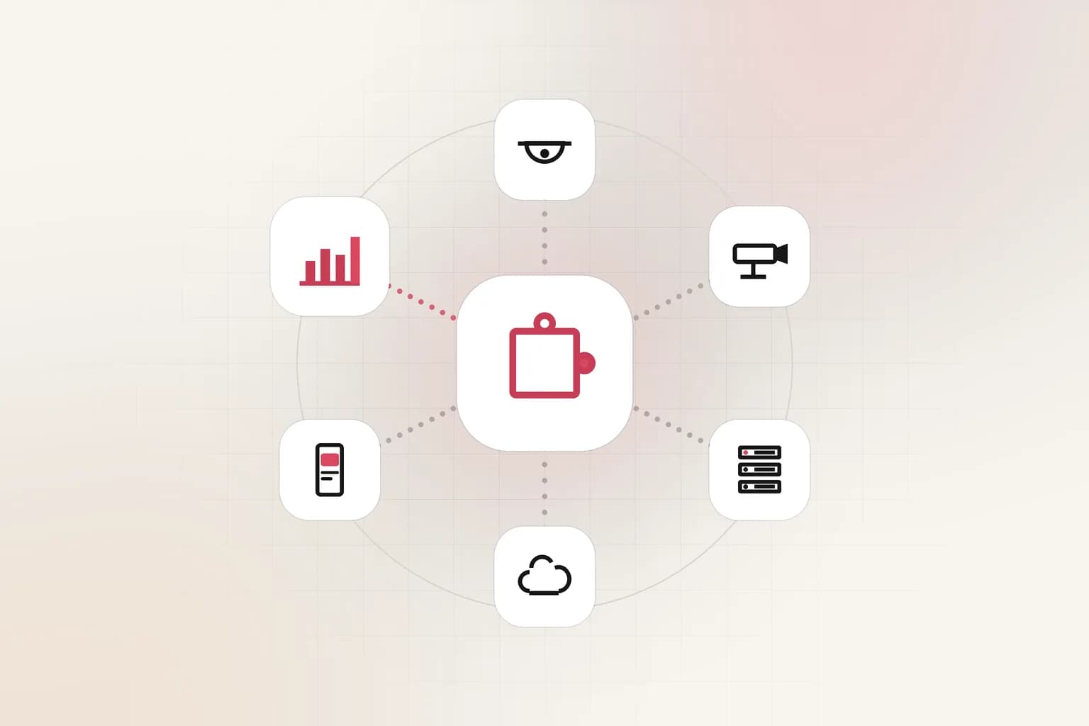 A hub diagram: a puzzle piece connecting cameras, servers, cloud, apps and reports.