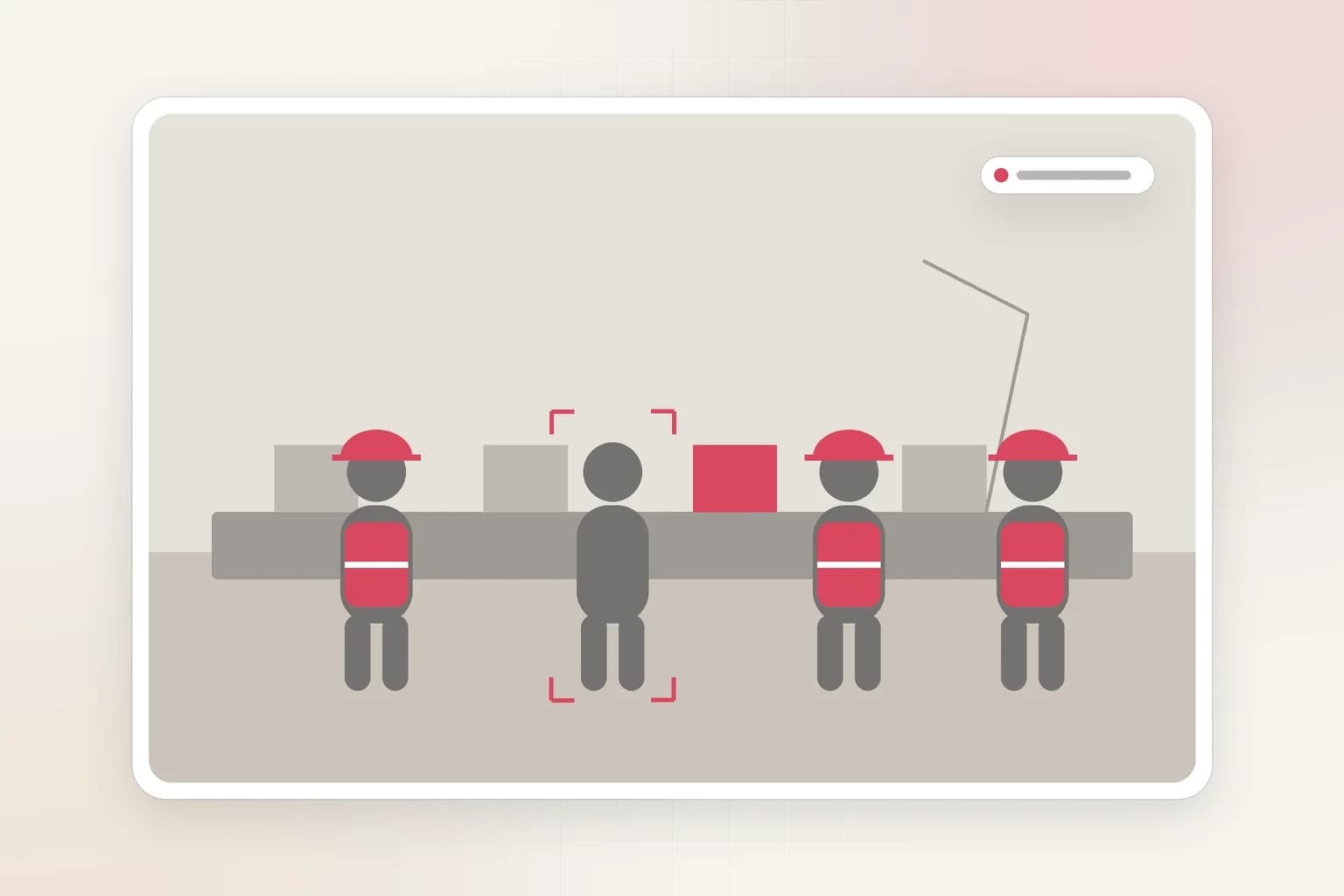 A workplace safety frame: factory workers in PPE with one worker bracketed in a machine zone. Figures are faceless.